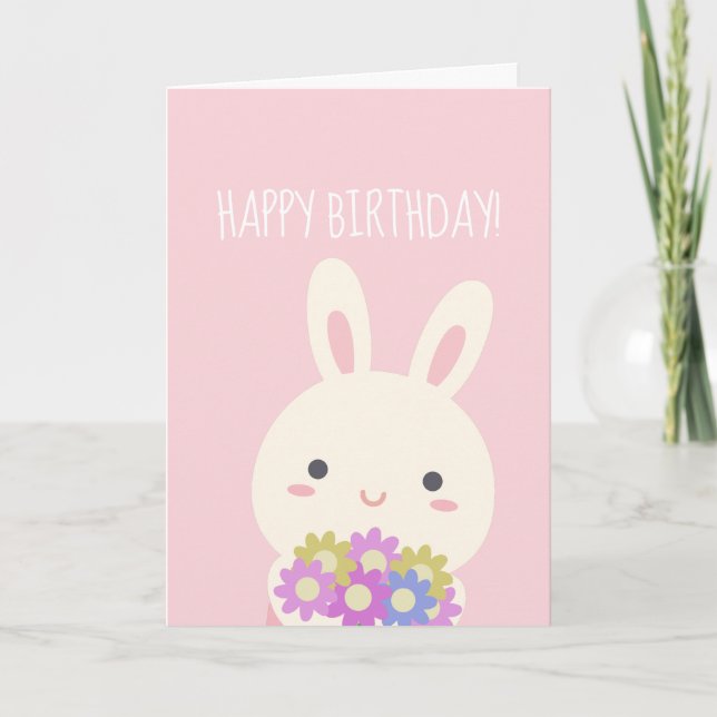 Toppen Cute Bunny och Flowers Rosa Grattis på föde Kort (Framsida)