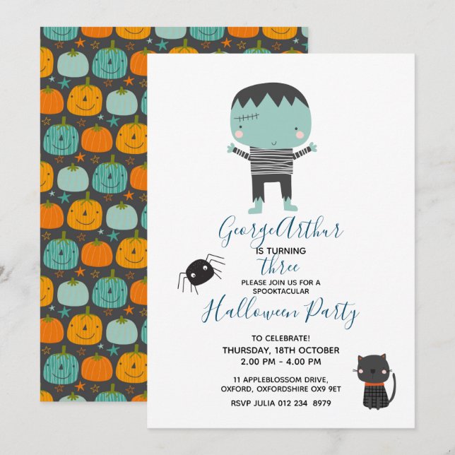 Toppen Cute Frankenstein boy Halloween Birthday Inbjudningar (Fram/baksida)