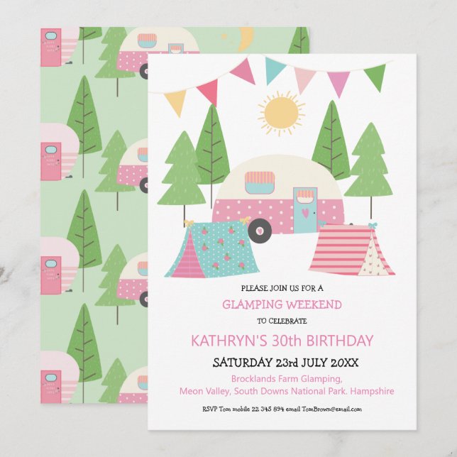 Toppen Cute Glamping/Camping Birthday Helg Inbjudningar (Fram/baksida)