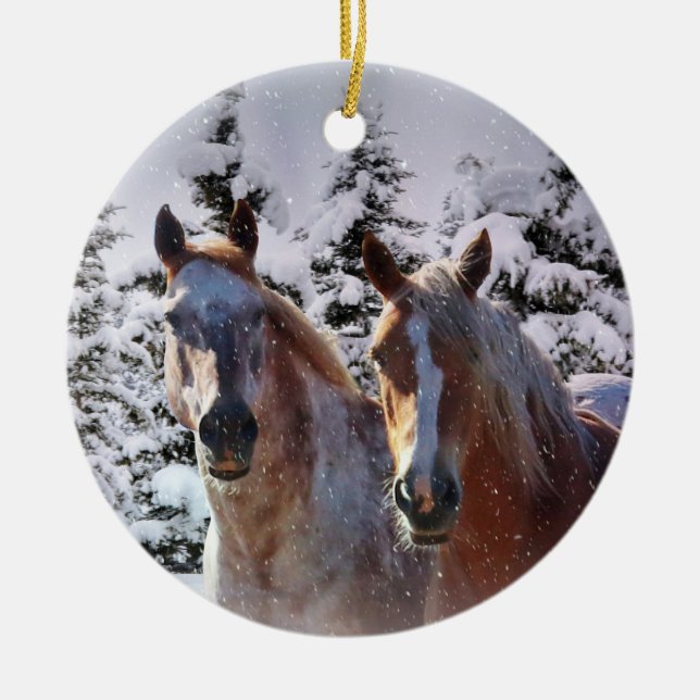 Toppen Cute Horse Pair i julen i Snö Julgransprydnad Keramik (Framsidan)