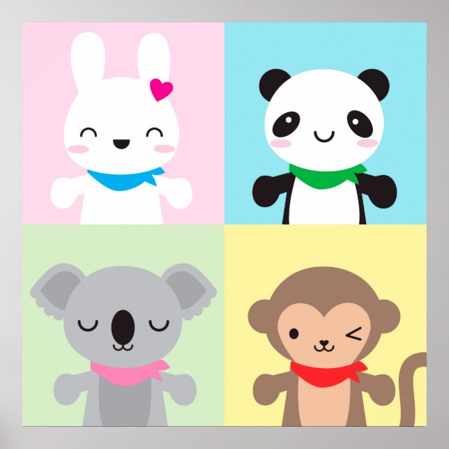 Toppen Cute Kawaii Animal Mascots Poster (Framsidan)