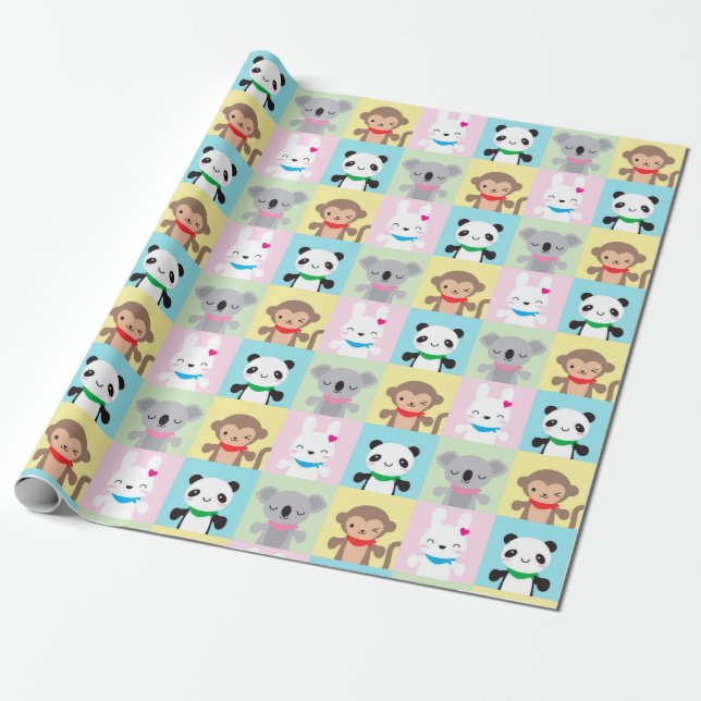 Toppen Cute Kawaii Animal Mascots Presentpapper (Utrullad)