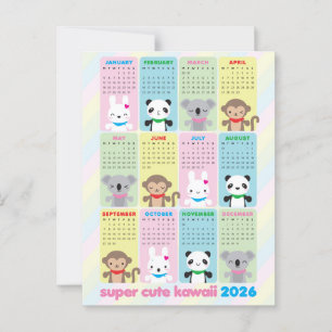 Toppen Cute Kawaii Animals 2026 Kalender Vykort