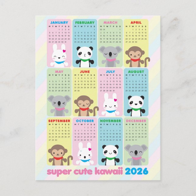Toppen Cute Kawaii Animals 2026 Kalender Vykort (Framsida)
