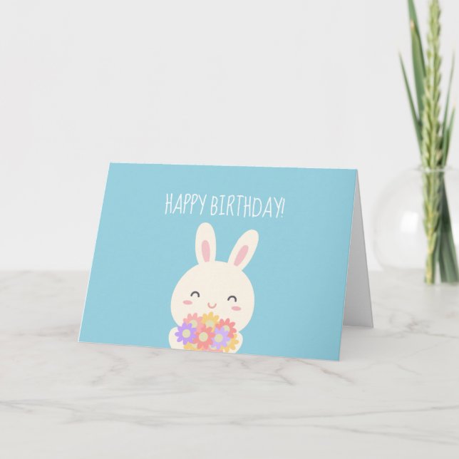 Toppen Cute Kawaii Bunny & Flowers Grattis på föde Kort (Framsida)
