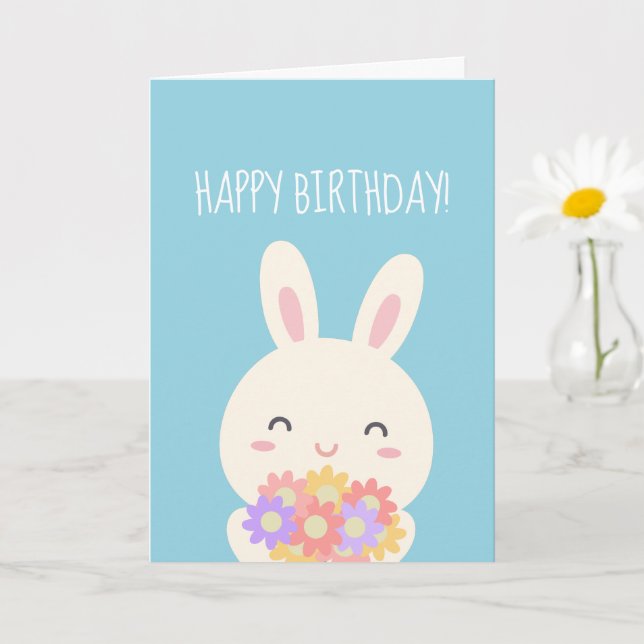 Toppen Cute Kawaii Bunny & Flowers Grattis på föde Kort (Liten växt)