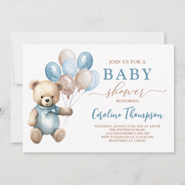 Toppen Cute Nalle Boy Blue Pastel Baby Shower Inbjudningar (Framsida)