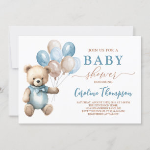 Toppen Cute Nalle Boy Blue Pastel Baby Shower Inbjudningar
