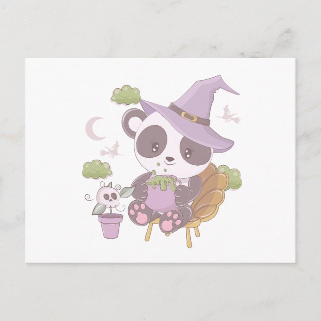 Toppen Cute Panda Witch och Crescent Måne Hallowee Helg Vykort (Framsida)