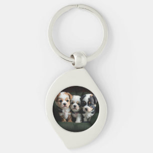 Toppen Cute Puppies på kuch 2 Swirl Silverfärgad Nyckelring