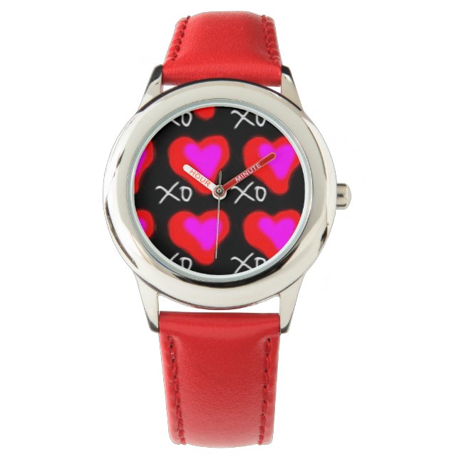 Toppen Cute Red & Rosa Hearts Hugs n Kisses XO Armbandsur (Framsida)