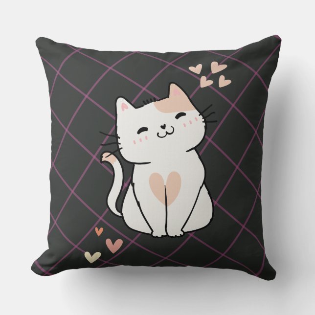 Toppen Cute White Cat med Hearts Dekorativ kudde (Framsida)