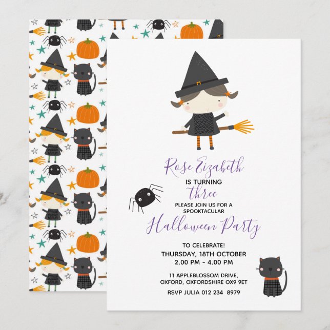 Toppen Cute witch Halloween Birthday Inbjudningar (Fram/baksida)