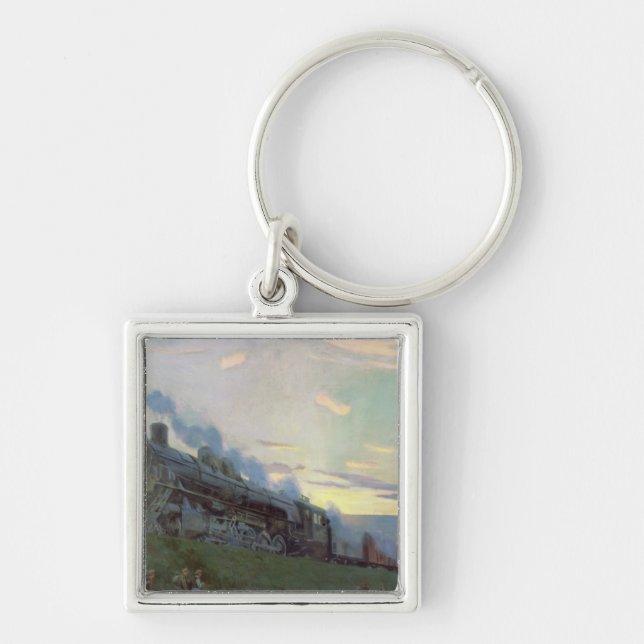 Toppen driver ångamotorn, 1935 fyrkantig silverfärgad nyckelring (Framsidan)
