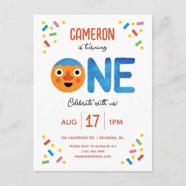 Toppen enkel noodle & Pals Confetti 1:a födelsedag Vykort (Framsida)