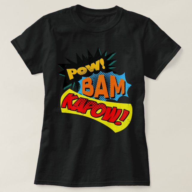 Toppen Hero Tecknad Bok Onomatopoeia. Pow! Bam Kap T Shirt (Design framsida)