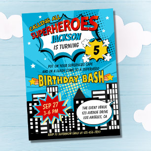 Toppen Hero Tecknad Bok Stil Boy Birthday Blue Inbjudningar