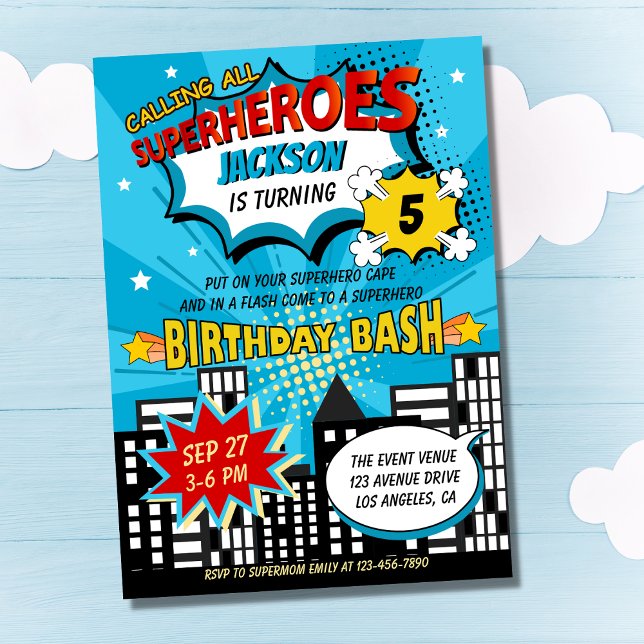 Toppen Hero Tecknad Bok Stil Boy Birthday Blue Inbjudningar (Skapare uppladdad)