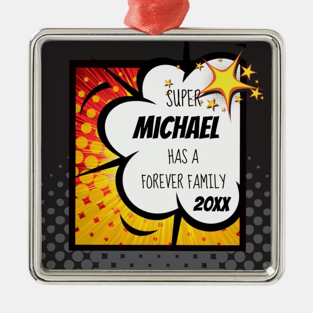 Toppen hjältehumorbokadoption, familjgåva julgransprydnad metall (Framsidan)