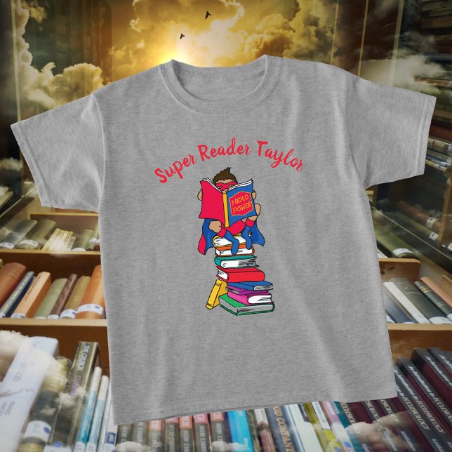 Toppen läsare tecknad stil pojke på bokar t shirt (Skapare uppladdad)