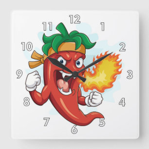 Toppen Red Hett Tecknad Chili Pepper Fyrkantig Klocka