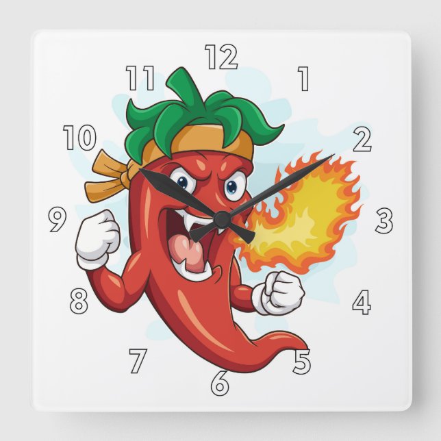 Toppen Red Hett Tecknad Chili Pepper Fyrkantig Klocka (Framsida)