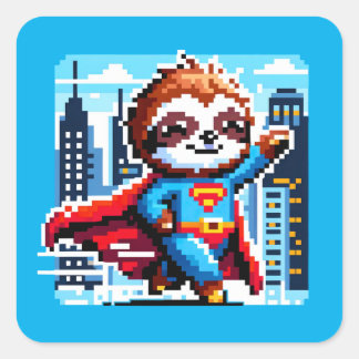 Toppen Sloth Funny Pixel Art Hero Cityscape Design Fyrkantigt Klistermärke