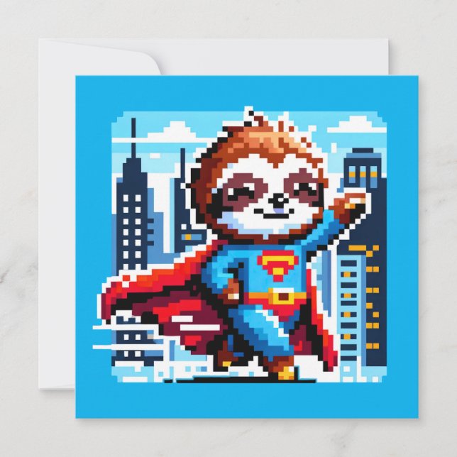 Toppen Sloth Funny Pixel Art Hero Cityscape Design Inbjudningar (Framsida)