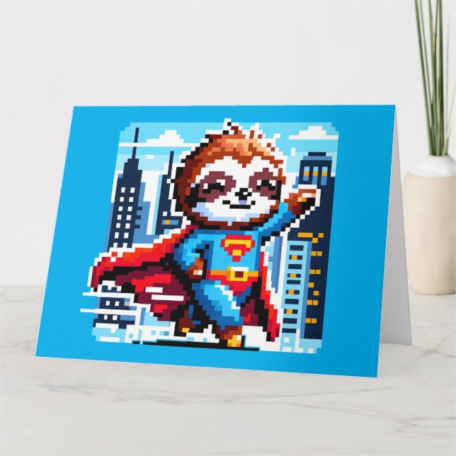 Toppen Sloth Funny Pixel Art Hero Cityscape Design Kort (Framsida)