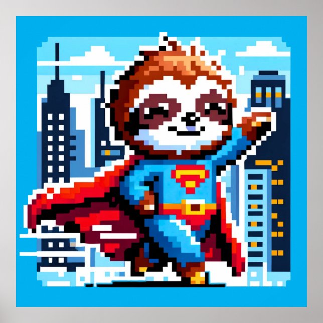 Toppen Sloth Funny Pixel Art Hero Cityscape Design Poster (Framsidan)