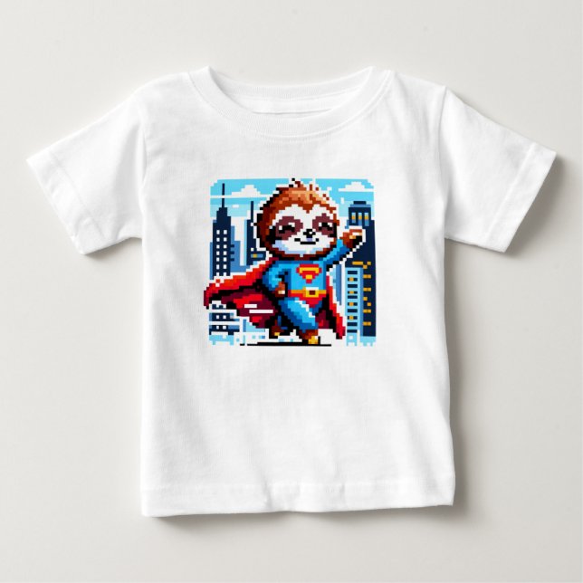 Toppen Sloth Funny Pixel Art Hero Cityscape Design T Shirt (Framsida)