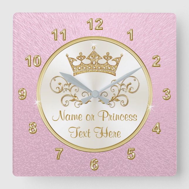 Toppen Söt Rosa Princess Clock med din TEXT Fyrkantig Klocka (Framsida)