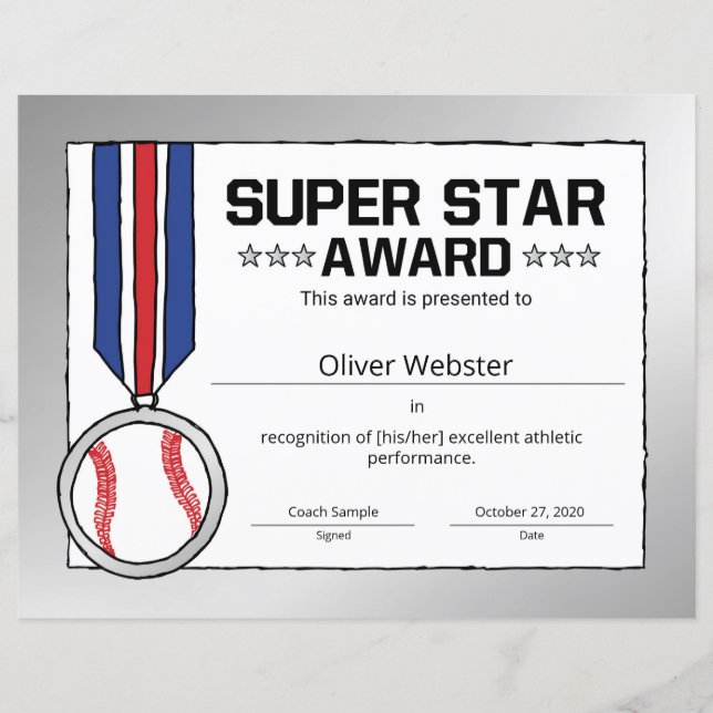 Toppen Star Baseball Certificate Award Sports Cert (Framsida)