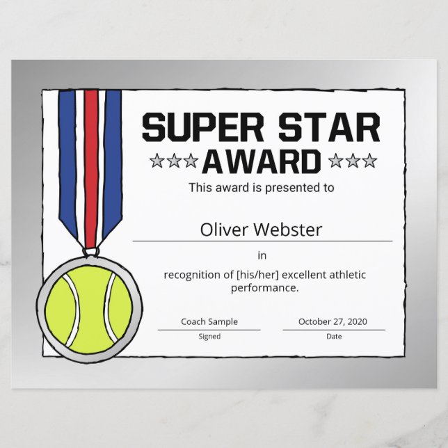 Toppen Star Tennis Player Award Tennis Certificate (Framsida)