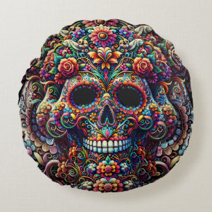 Toppen Sugar Skull för brant Blommigt Rund Kudde