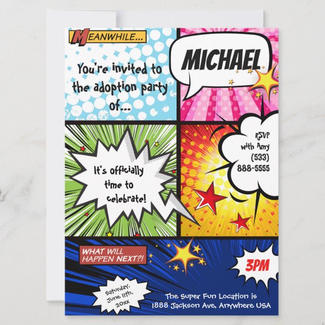 Toppet party för hjältehumorbokadoption inbjudningar (Framsida)