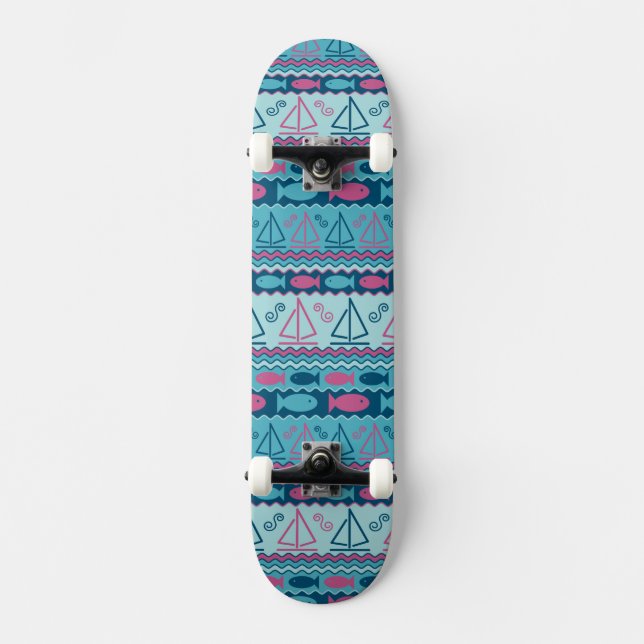 Toppet roligt fisk- och segelbåtmönster skateboard bräda 20,5 cm (Framsida)