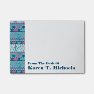 Toppet roligt fisk- & segelbåtmönster   tillfogar post-it block