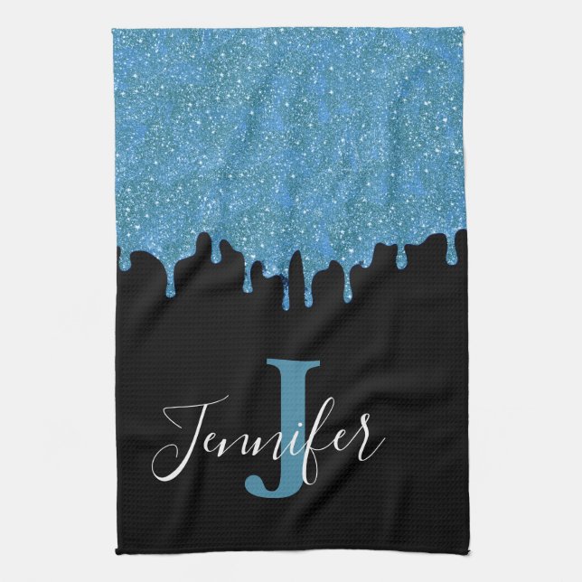 Toralblått och svart monogram Glitter-drivrutin Kökshandduk (Vertikal)