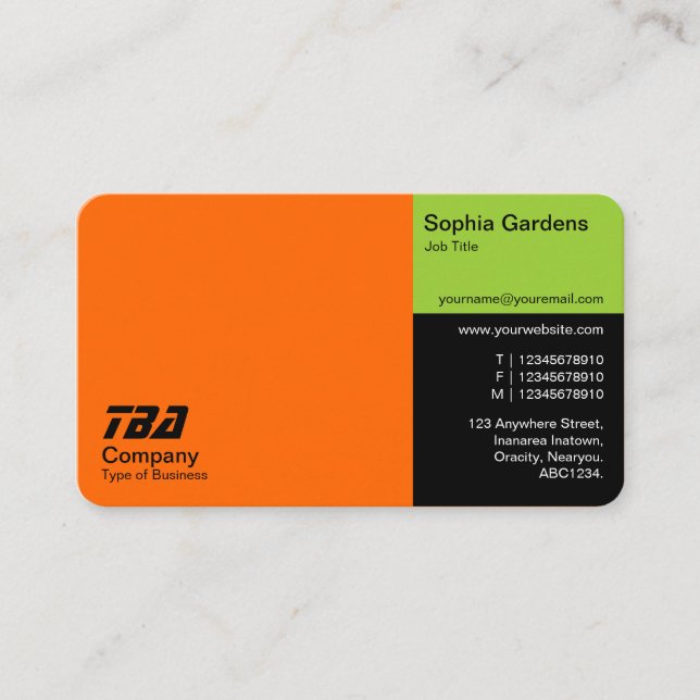 Tördar - Orange, martisk Grönt och svart Visitkort (Framsida)