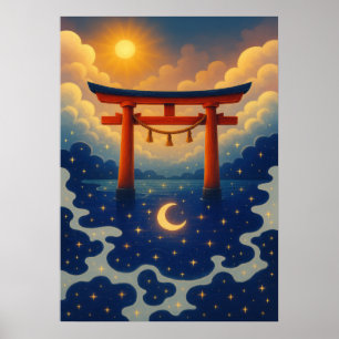 Torii Grind med japanska Sol och Måne Fantasy Poster