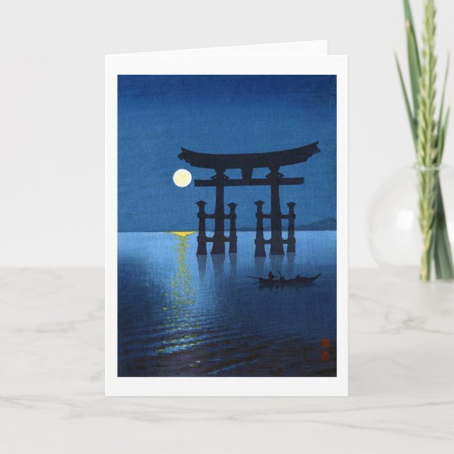 Torii Grind och Full Moon, Koho Shoda, Woodcut Kort (Framsida)