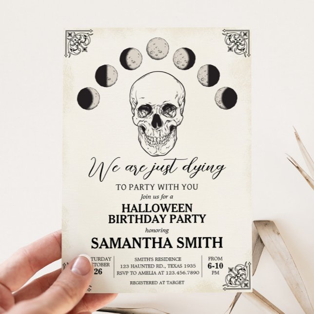 Torka till Party Skull Halloween-Födelsedagsfest Inbjudningar (Dying to Party Skull Gothic Halloween Birthday Party Invitation)