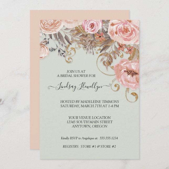 Torkad Blommigt Boho Peach Ro Guld Möhippa Inbjudningar (Fram/baksida)