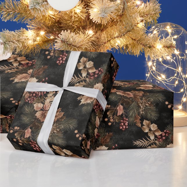 Torkad Blommigt och Guld Färgad Löv Presentpapper (Helgdagar)