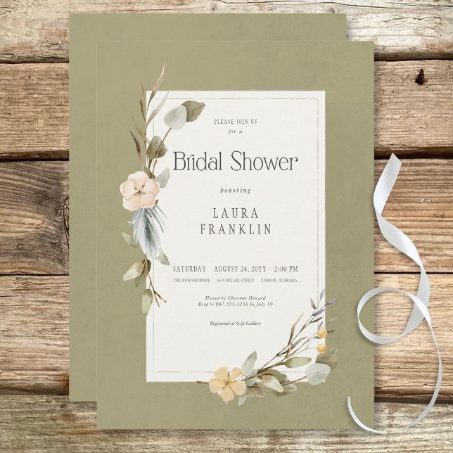 Torkad Boho Blommigt Ram Sage Möhippa Inbjudningar (Dried Boho Floral Frame Sage Bridal Shower Invitation)