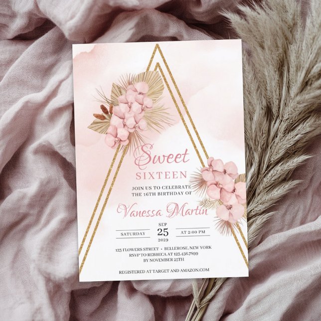 Torkad Handflatan  Orchid Guld Arch Sweet sixteen Inbjudningar (Dried Palm Blush Orchid Gold Arch Sweet Sixteen Invitation)