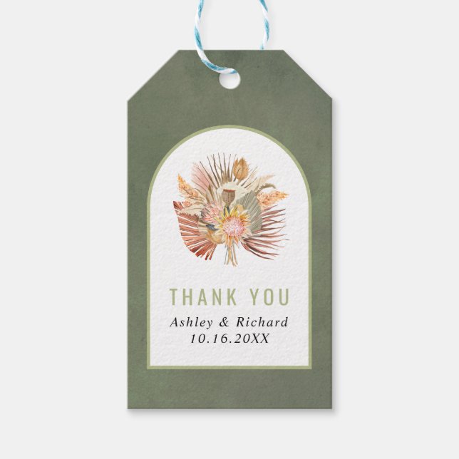 Torkad handflatan, pampasgräs grönt () Tack bröllo Presentetikett (Framsidan)