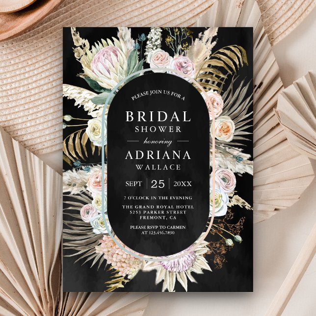 Torkad palm boho pampas blomster svart bröllopsdus inbjudningar (Skapare uppladdad)