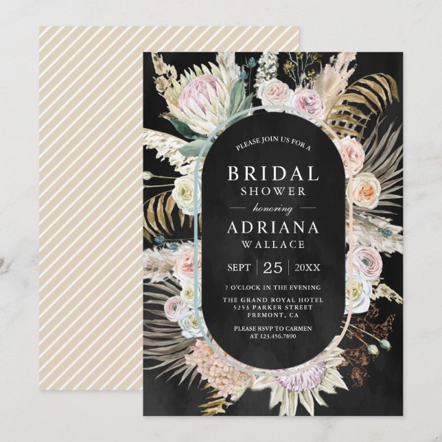 Torkad palm boho pampas blomster svart bröllopsdus inbjudningar (Fram/baksida)